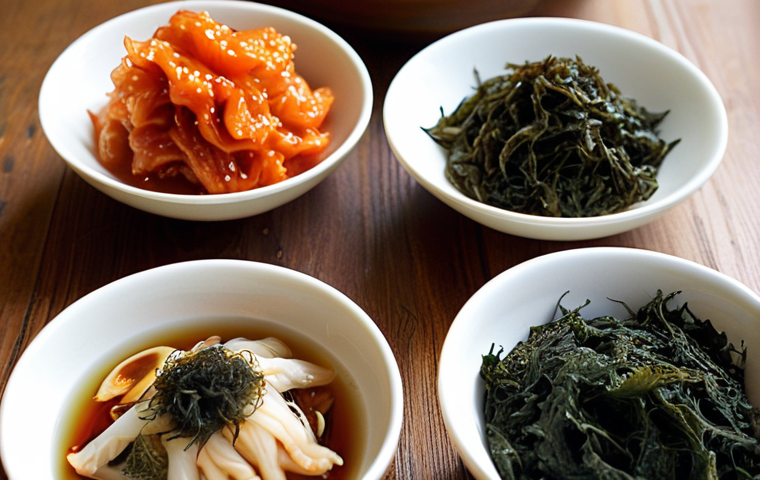 **Close-up of various Korean superfoods (kimchi, seaweed, ginseng, green tea) arranged artfully on a wooden table, bathed in natural light. Focus on vibrant colors and textures.**