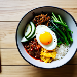 A vibrantly colorful Korean Bibimbap bowl, meticulously arranged with a harmonious blend of red gochujang, bright green vegetables, golden egg yolk, crisp white rice, and dark black mushrooms. The dish is centrally placed on a light wooden table in a clean, modern kitchen setting, with soft natural light illuminating the scene. Professional food photography, high detail, clear focus, perfect anatomy of the ingredients, natural textures, appropriate content, safe for work, fully clothed, family-friendly, professional quality.