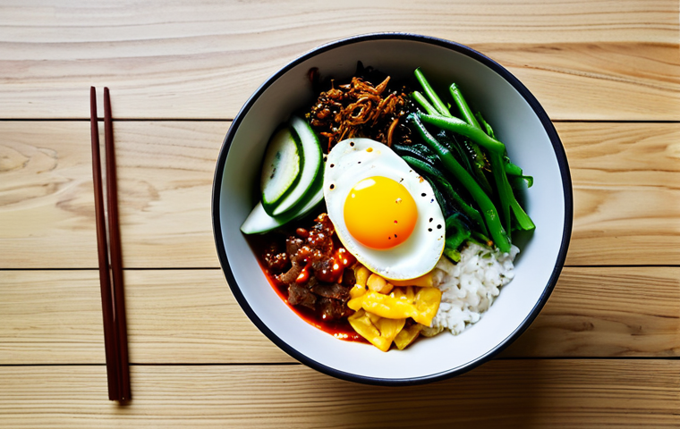 A vibrantly colorful Korean Bibimbap bowl, meticulously arranged with a harmonious blend of red gochujang, bright green vegetables, golden egg yolk, crisp white rice, and dark black mushrooms. The dish is centrally placed on a light wooden table in a clean, modern kitchen setting, with soft natural light illuminating the scene. Professional food photography, high detail, clear focus, perfect anatomy of the ingredients, natural textures, appropriate content, safe for work, fully clothed, family-friendly, professional quality.
