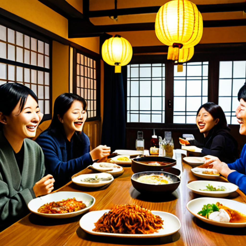 Sharing Korean Food in a Cozy Hanok Pocha Setting**

"A group of friends enjoying shared plates of Korean food in a warmly lit hanok pocha (Korean pub) in Amsterdam. The table is laden with kimchi pancakes, bulgogi sliders, and other delicious dishes. Everyone is fully clothed in casual, stylish attire appropriate for a night out. The atmosphere is convivial, with laughter and conversation filling the air. In the background, traditional Korean lanterns and wooden furniture create an authentic ambiance. safe for work, appropriate content, fully clothed, professional photography, perfect anatomy, natural proportions, family-friendly."

**
