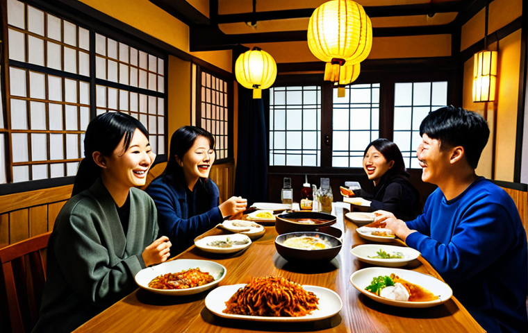Sharing Korean Food in a Cozy Hanok Pocha Setting**

"A group of friends enjoying shared plates of Korean food in a warmly lit hanok pocha (Korean pub) in Amsterdam. The table is laden with kimchi pancakes, bulgogi sliders, and other delicious dishes. Everyone is fully clothed in casual, stylish attire appropriate for a night out. The atmosphere is convivial, with laughter and conversation filling the air. In the background, traditional Korean lanterns and wooden furniture create an authentic ambiance. safe for work, appropriate content, fully clothed, professional photography, perfect anatomy, natural proportions, family-friendly."

**