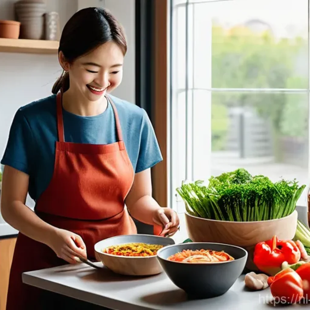 한식의 세계화 성공 사례 - A bright, modern Dutch home kitchen. A cheerful young woman, aged 20s, with short brown hair, wearin...