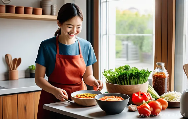 한식의 세계화 성공 사례 - A bright, modern Dutch home kitchen. A cheerful young woman, aged 20s, with short brown hair, wearin...
