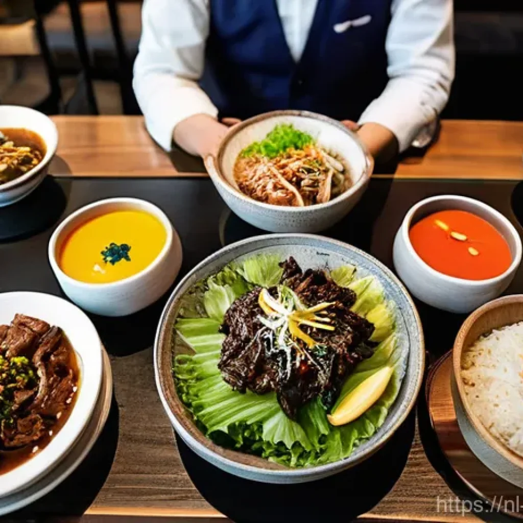 한식의 문화적 상징성 - **Prompt:** "A vibrant, cozy, and modern Korean BBQ restaurant in Amsterdam, bustling with a diverse...