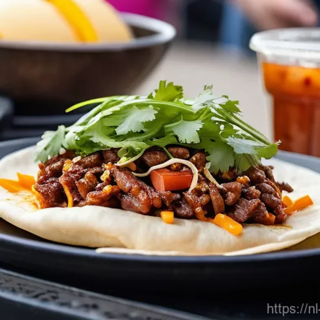 퓨전 한식 메뉴 소개 - **Vibrant Korean-Mexican Fusion at a Dutch Food Festival**
    A dynamic, eye-level close-up shot ca...
