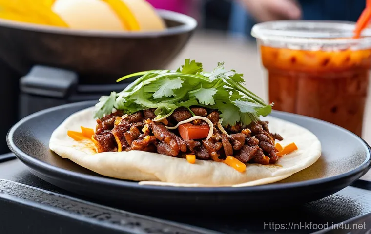 퓨전 한식 메뉴 소개 - **Vibrant Korean-Mexican Fusion at a Dutch Food Festival**
    A dynamic, eye-level close-up shot ca...