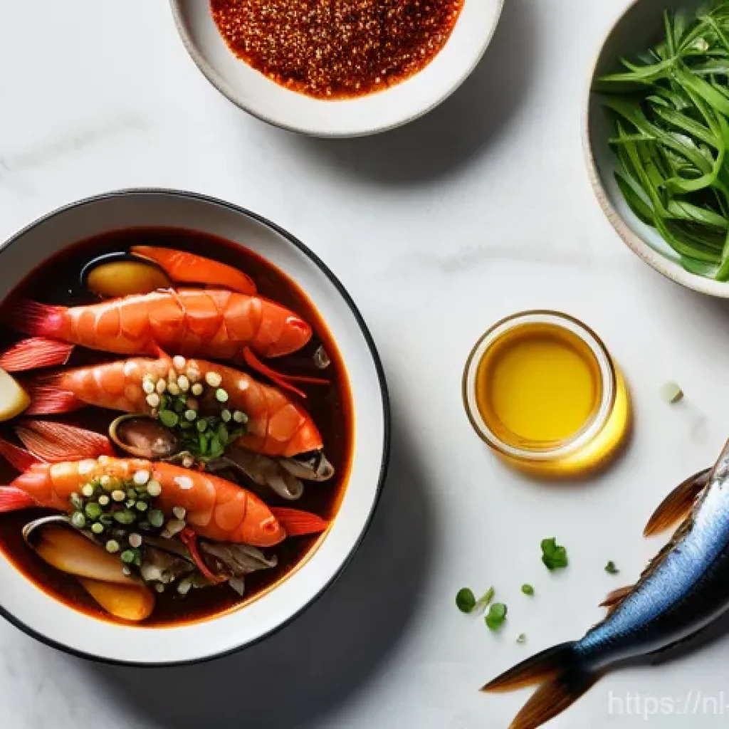 한식 해산물 요리 레시피 - A vibrant and fresh display of Korean seafood ingredients meticulously arranged on a clean, modern k...