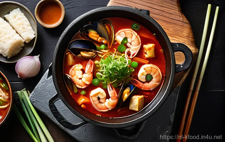 한식 해산물 요리 레시피 - A vibrant and fresh display of Korean seafood ingredients meticulously arranged on a clean, modern k...