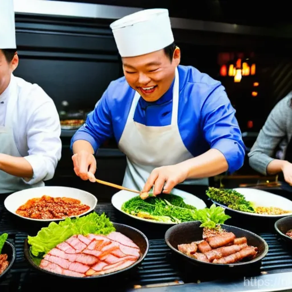 한식 맛집 지역별 추천 - **Korean BBQ Feast at a Lively Restaurant:** A vibrant, well-lit Korean BBQ restaurant in the Nether...