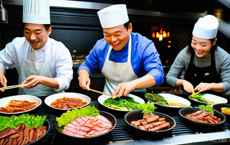 한식 맛집 지역별 추천 - **Korean BBQ Feast at a Lively Restaurant:** A vibrant, well-lit Korean BBQ restaurant in the Nether...