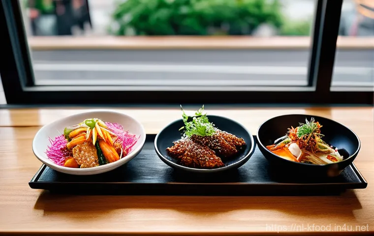 한식 전통과 현대 융합 사례 - **Vibrant Korean-Dutch Fusion Dinner Scene:** A warmly lit, modern restaurant interior in a Dutch ci...