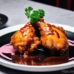 퓨전 한식 맛집 추천 - A close-up, appetizing shot of a "Black & Pink Fried Chicken" dish, prominently displayed on a sleek...