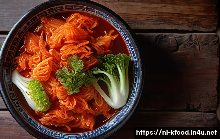 한식 요리에 활용하는 천연재료 - A close-up shot of vibrant, red kimchi, meticulously arranged in a traditional Korean earthenware po...