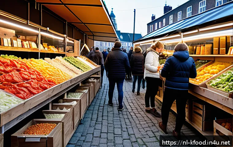 한식의 글로벌 스타트업 - A vibrant artisanal food market scene in the Netherlands showcasing a fusion of traditional and mode...