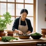 Home 22 한식 사찰음식 소개 - A serene Dutch kitchen scene showcasing a mindful cooking moment inspired by Korean temple cuisine: ...