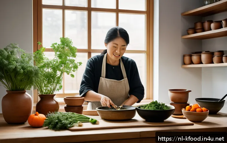 한식 사찰음식 소개 - A serene Dutch kitchen scene showcasing a mindful cooking moment inspired by Korean temple cuisine: ...