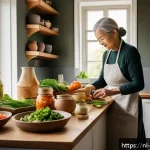 Home 21 한식 주원료의 영양학적 효능 - A cozy Dutch kitchen scene featuring a middle-aged woman preparing a healthy lunch with traditional ...