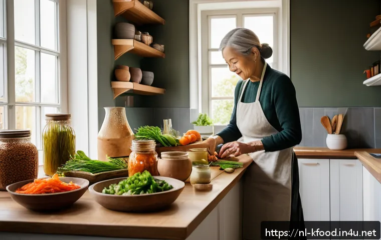 한식 주원료의 영양학적 효능 - A cozy Dutch kitchen scene featuring a middle-aged woman preparing a healthy lunch with traditional ...