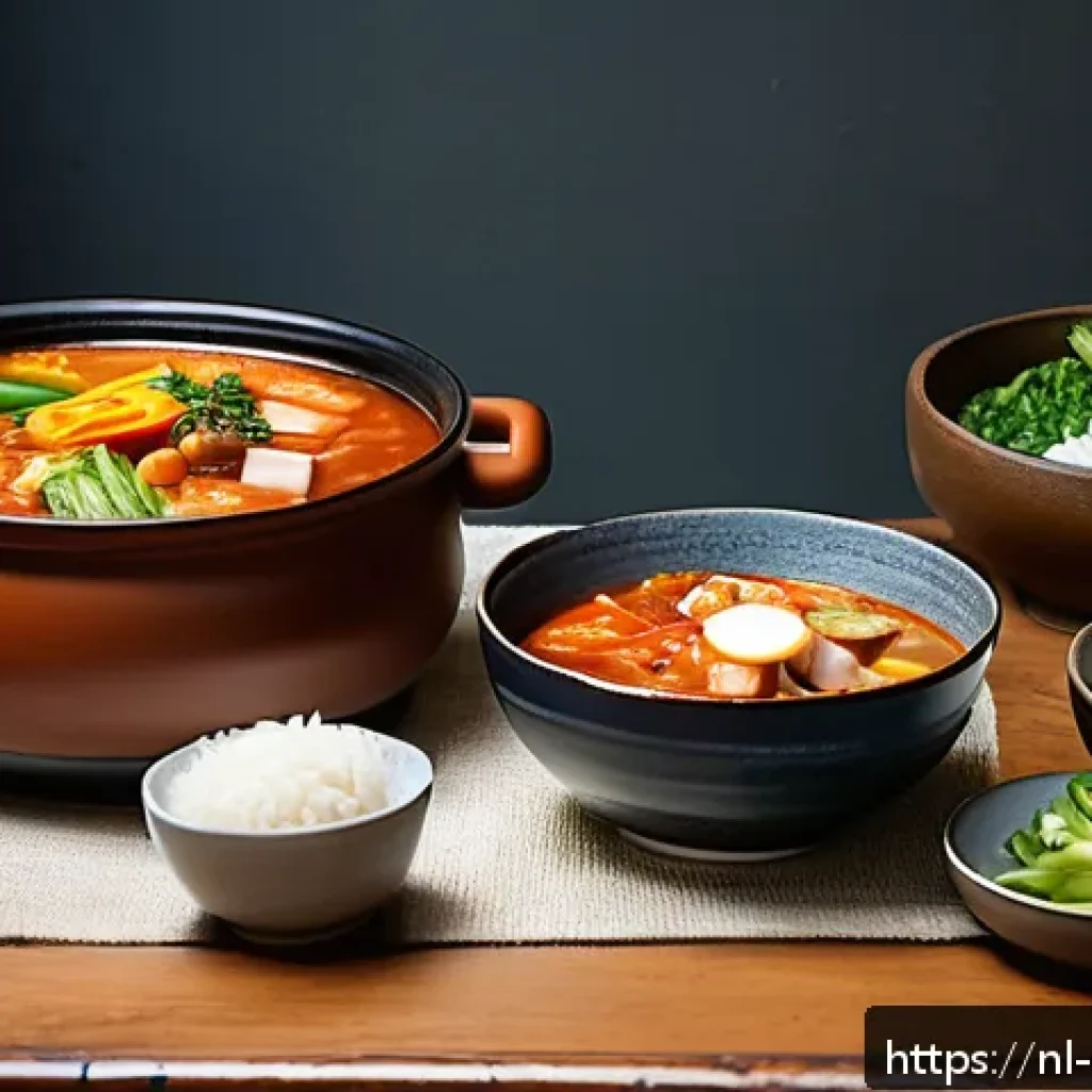 한식 스튜 만들기 - A cozy Dutch family dining scene featuring a large earthenware pot of Korean kimchi jjigae stew plac...