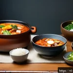 Home 20 한식 스튜 만들기 - A cozy Dutch family dining scene featuring a large earthenware pot of Korean kimchi jjigae stew plac...