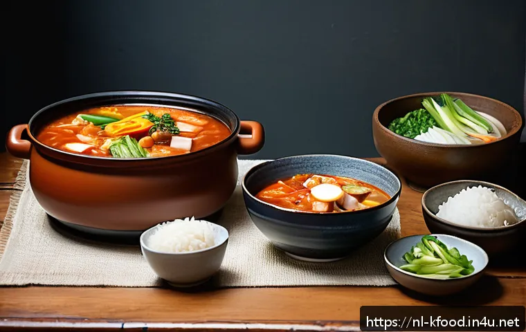 한식 스튜 만들기 - A cozy Dutch family dining scene featuring a large earthenware pot of Korean kimchi jjigae stew plac...