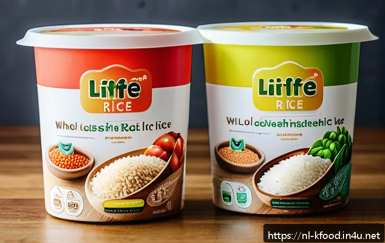 한식 즉석밥 종류와 비교 - A bright, modern Dutch kitchen scene featuring a variety of instant rice packages on a wooden counte...
