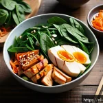 Home 18 한식 고단백 저칼로리 요리 - A vibrant Korean-inspired healthy meal bowl on a rustic wooden table in a modern Dutch kitchen setti...