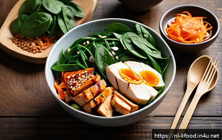 한식 고단백 저칼로리 요리 - A vibrant Korean-inspired healthy meal bowl on a rustic wooden table in a modern Dutch kitchen setti...