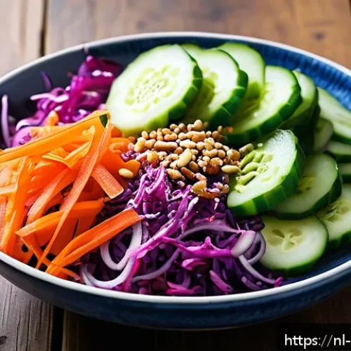 Home 17 한식 샐러드 레시피 - A vibrant Korean-inspired salad bowl featuring thinly sliced fresh Dutch cucumbers, shredded carrots...