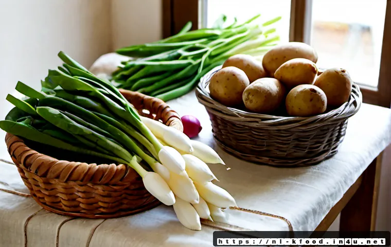 Home 17 한식 식재료의 계절성 - Photorealistic seasonal Dutch kitchen table still life, spring ingredients arranged clearly in separ...