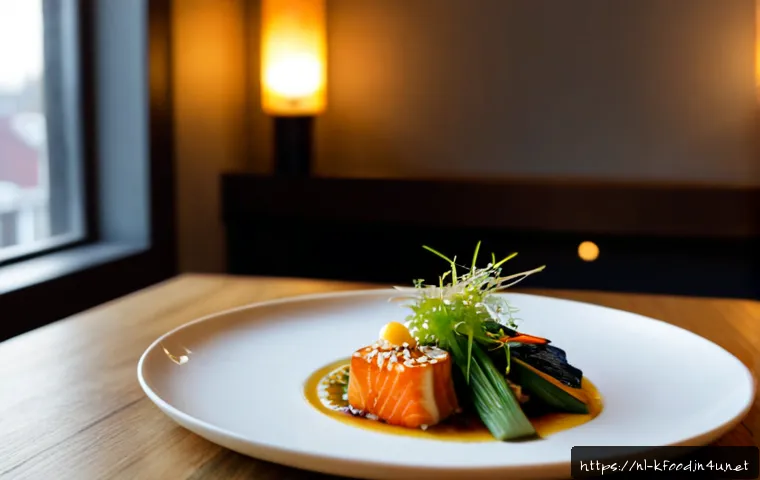 한식 고급화 트렌드 - Photorealistic upscale Korean-inspired tasting menu in a refined Amsterdam fine-dining restaurant, e...