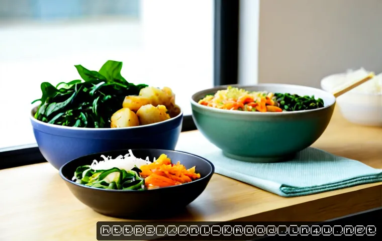 한식 반찬 밀키트 후기 - Photorealistic Dutch home kitchen, a neatly arranged Korean side-dish meal kit opened on a light oak...